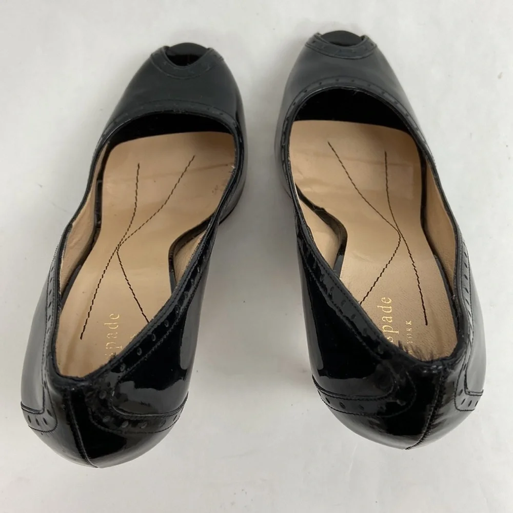 Kate Spade Giselle Oxford Patent Leather Peep Toe Perforated Trim Black Heels
